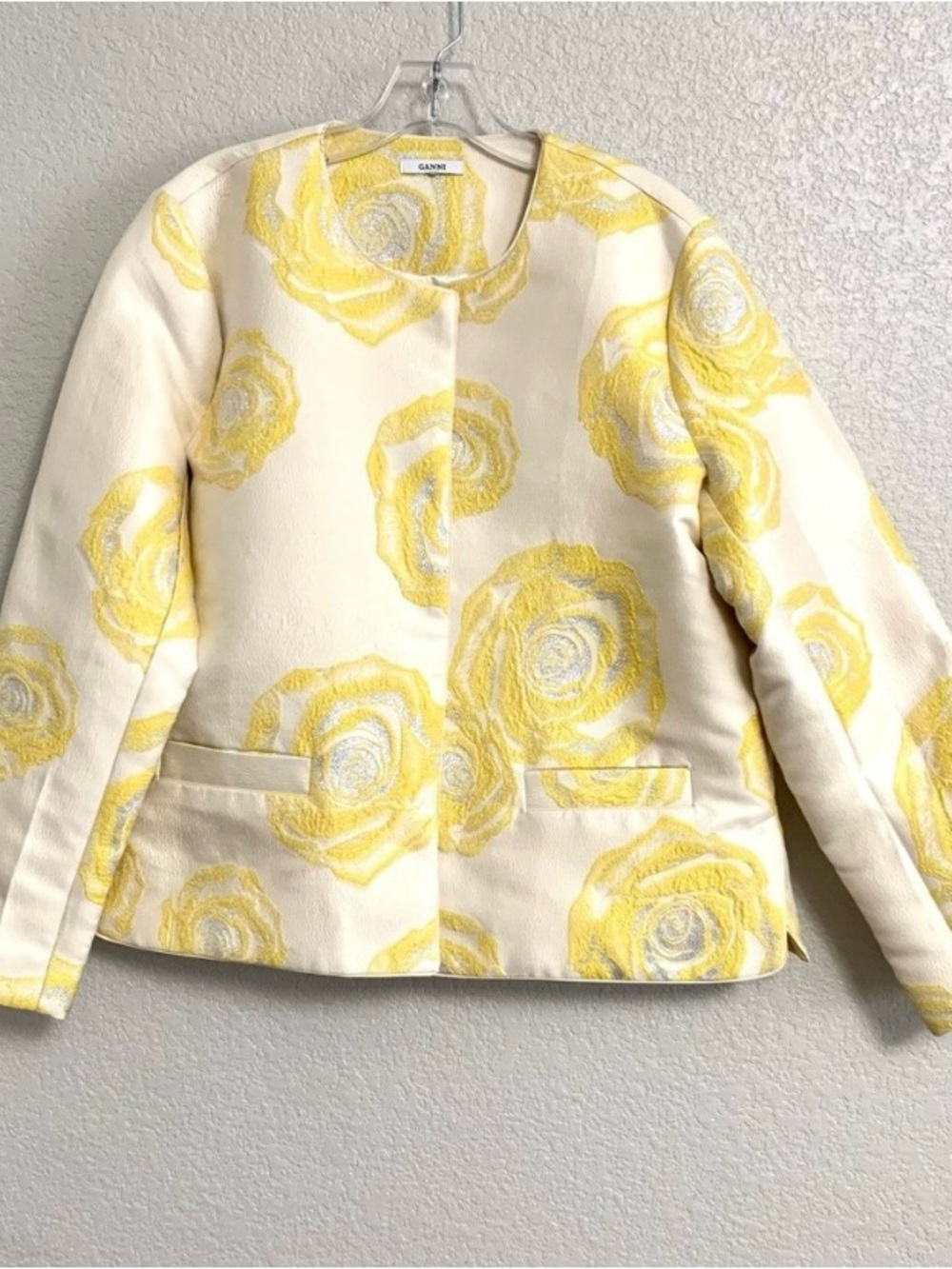 Ganni Jacket Womens 42 Floral Print Terenne Jacquard Yellow US 10/12 Statement